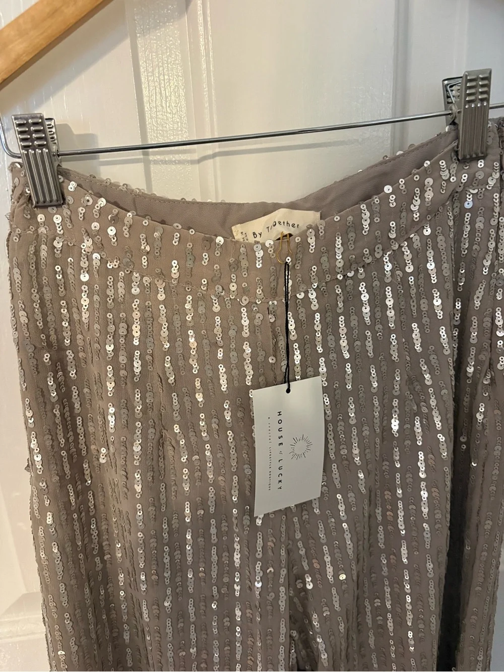 Sequin Wide Leg Pants in Taupe